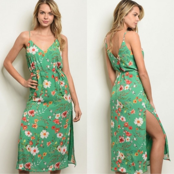 NEW Beautiful Floral Print Spring Summer MIDI Dress With High Slit - Picture 1 of 3